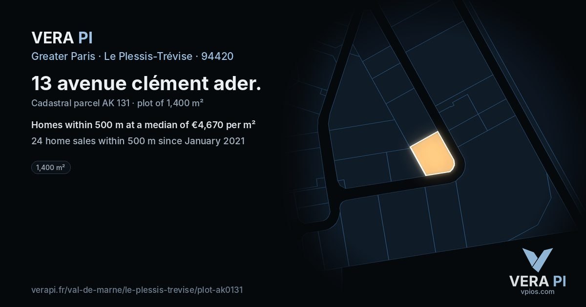 13 avenue clément ader, Le Plessis-Trévise at night – the plot lit, the parcels around coloured by the prices near them