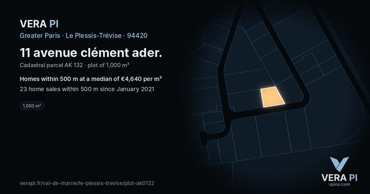 11 avenue clément ader, Le Plessis-Trévise at night – the plot lit, the parcels around coloured by the prices near them