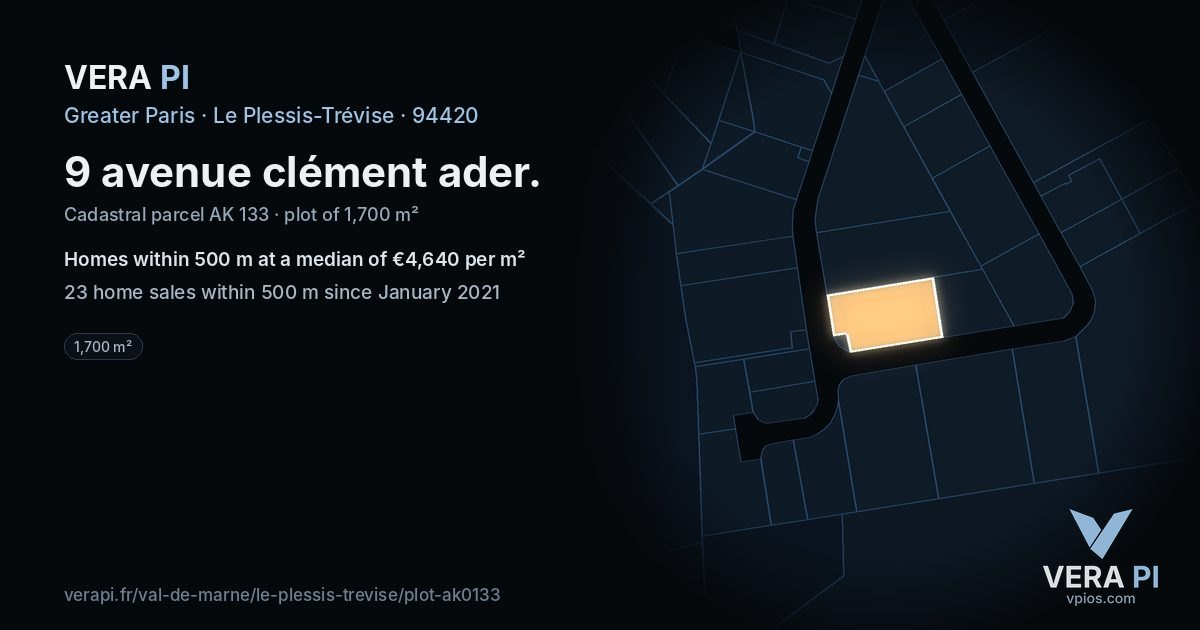9 avenue clément ader, Le Plessis-Trévise at night – the plot lit, the parcels around coloured by the prices near them