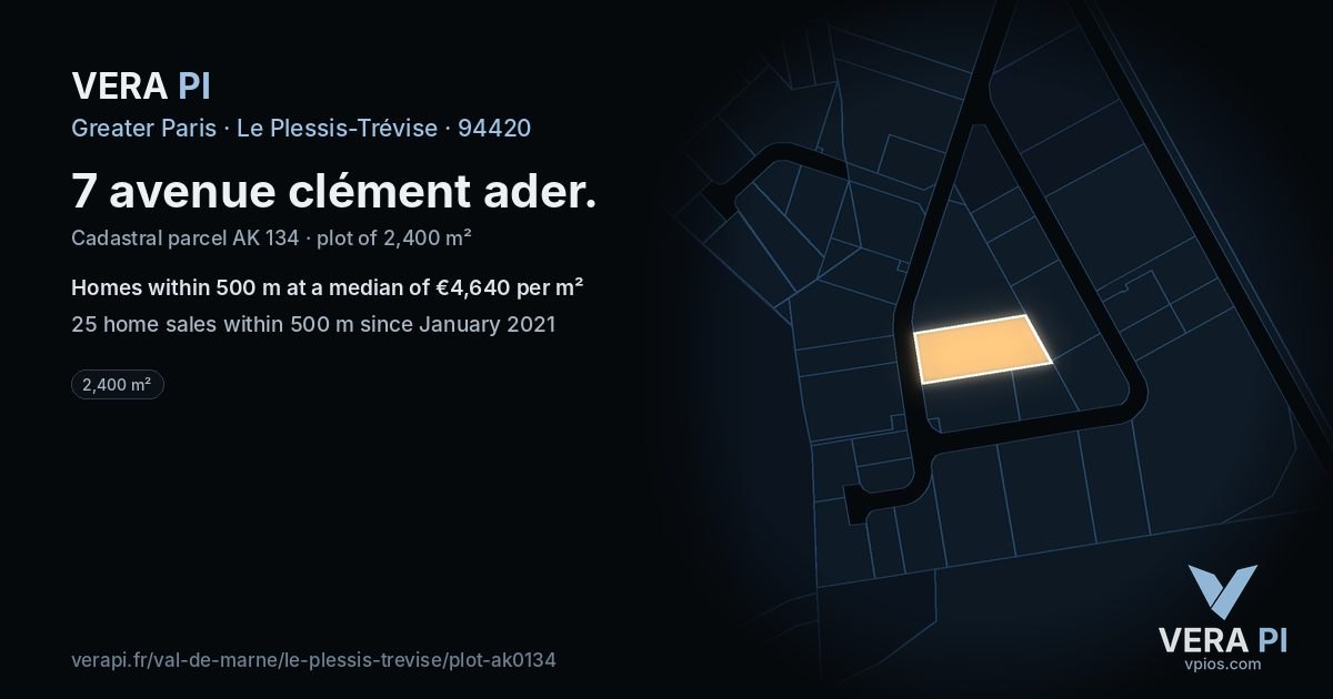 7 avenue clément ader, Le Plessis-Trévise at night – the plot lit, the parcels around coloured by the prices near them