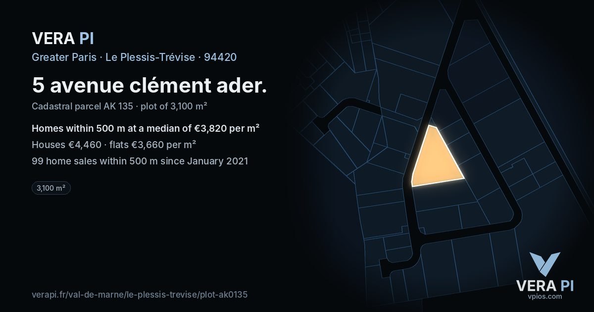 5 avenue clément ader, Le Plessis-Trévise at night – the plot lit, the parcels around coloured by the prices near them