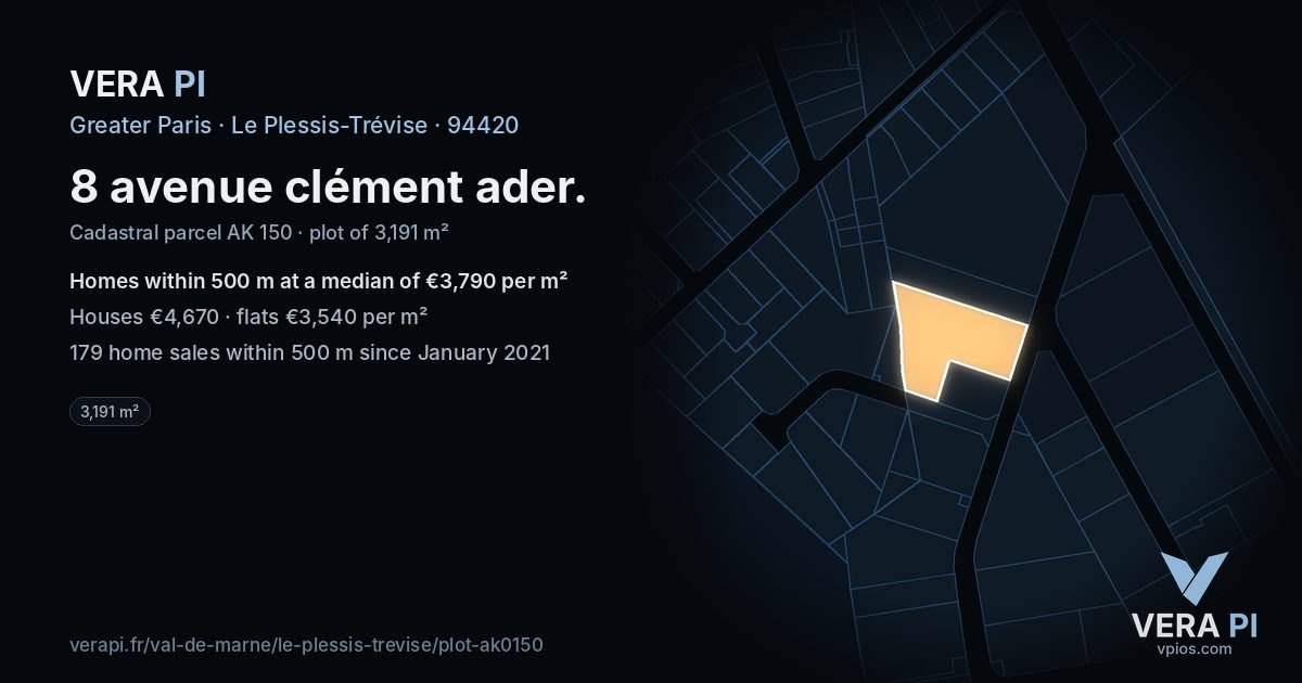 8 avenue clément ader, Le Plessis-Trévise at night – the plot lit, the parcels around coloured by the prices near them