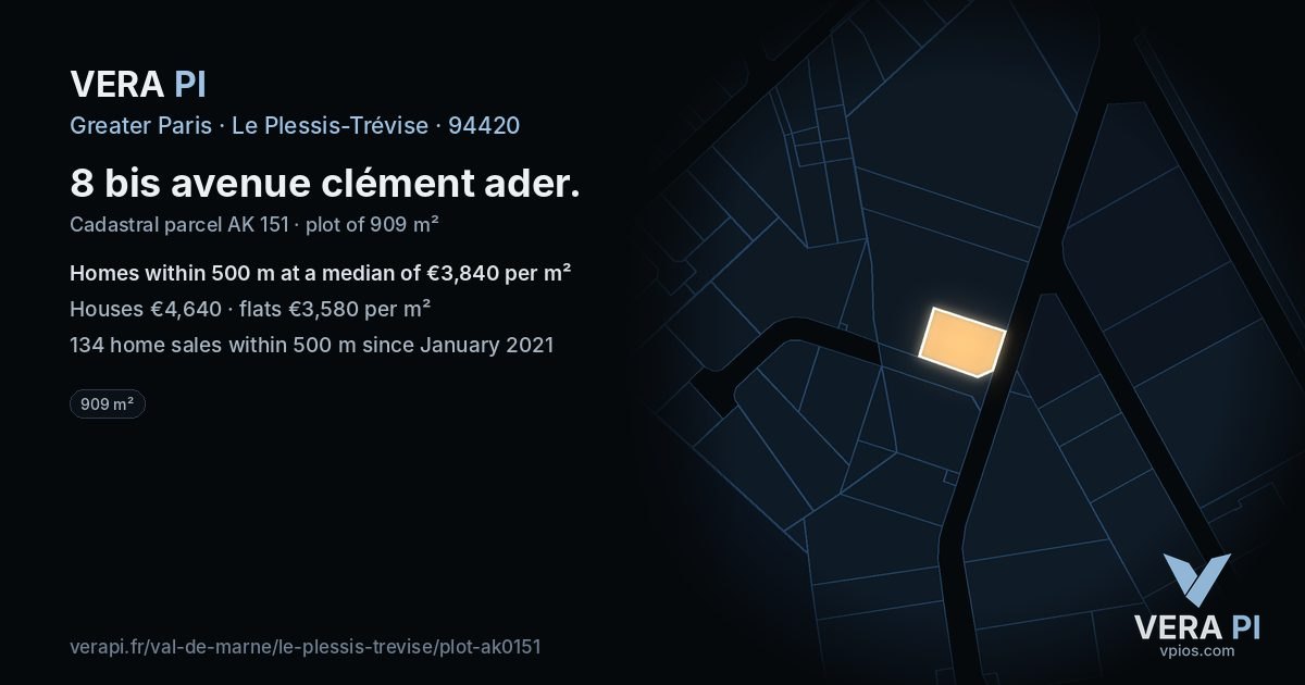 8 bis avenue clément ader, Le Plessis-Trévise at night – the plot lit, the parcels around coloured by the prices near them