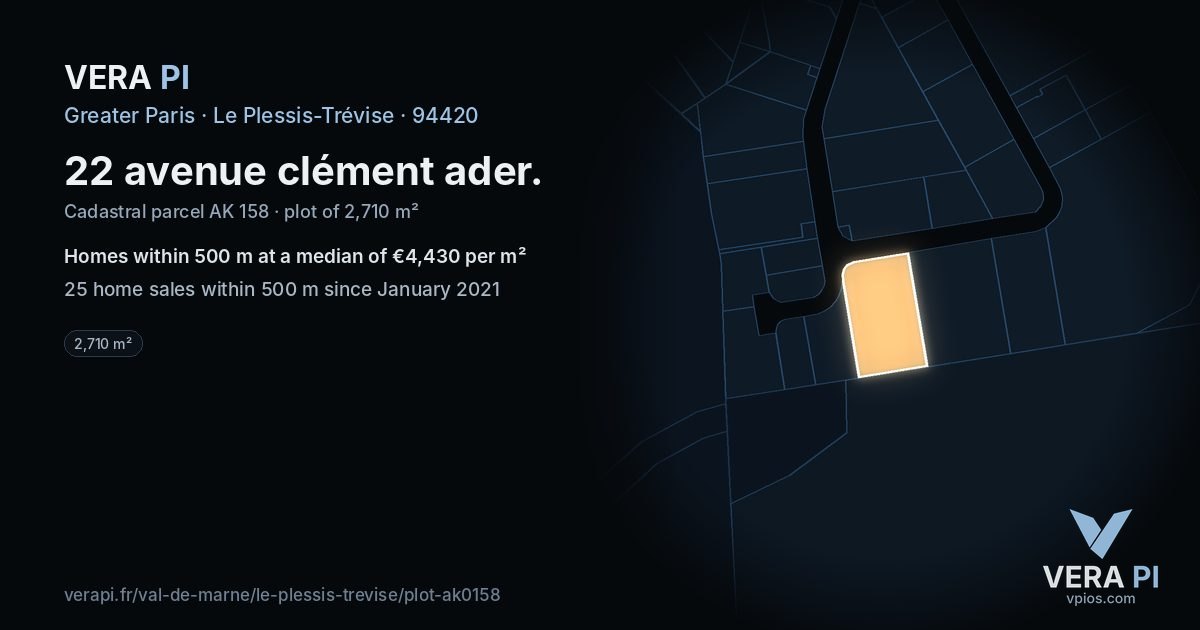 22 avenue clément ader, Le Plessis-Trévise at night – the plot lit, the parcels around coloured by the prices near them