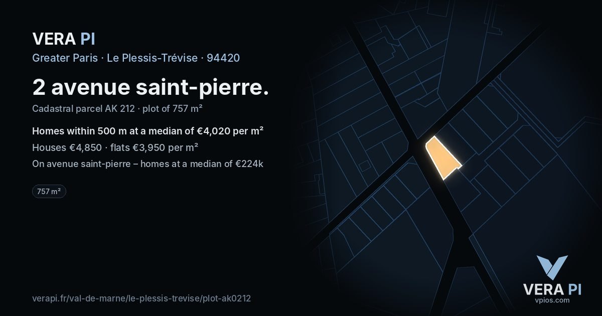 2 avenue saint-pierre, Le Plessis-Trévise at night – the plot lit, the parcels around coloured by the prices near them