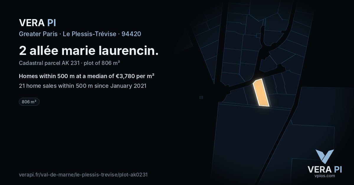 2 allée marie laurencin, Le Plessis-Trévise at night – the plot lit, the parcels around coloured by the prices near them