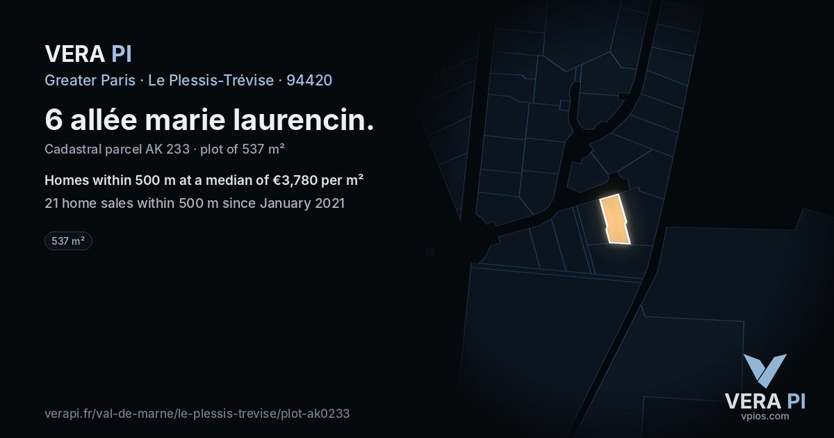 6 allée marie laurencin, Le Plessis-Trévise at night – the plot lit, the parcels around coloured by the prices near them