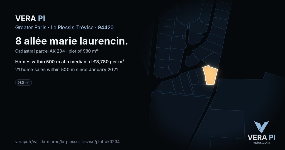 8 allée marie laurencin, Le Plessis-Trévise at night – the plot lit, the parcels around coloured by the prices near them