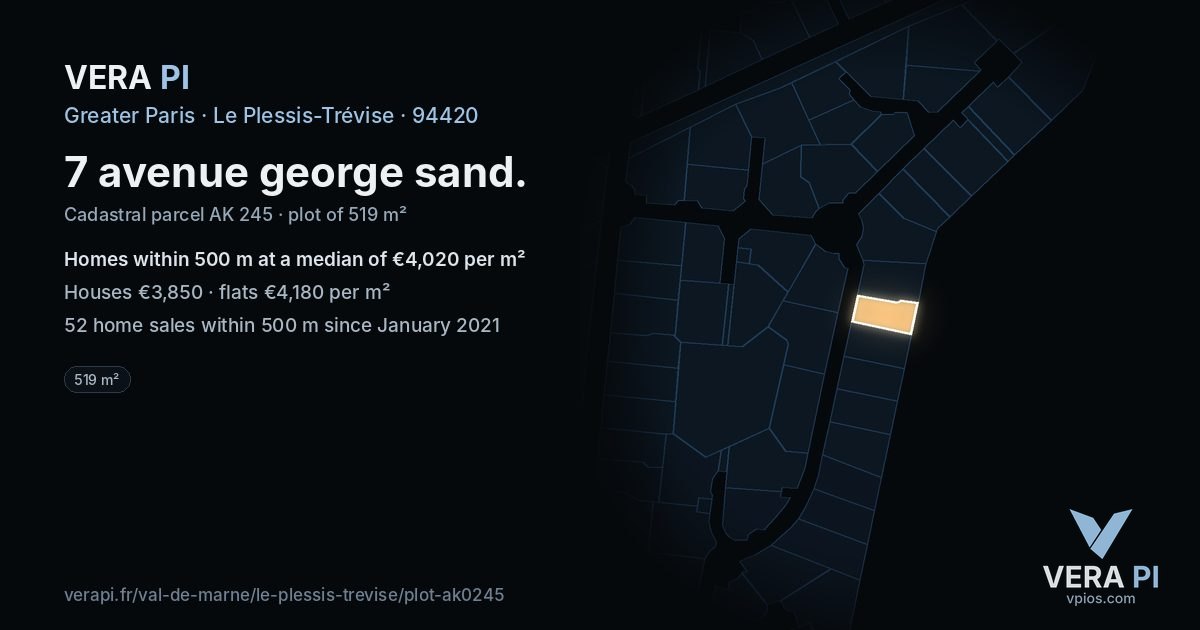 7 avenue george sand, Le Plessis-Trévise at night – the plot lit, the parcels around coloured by the prices near them