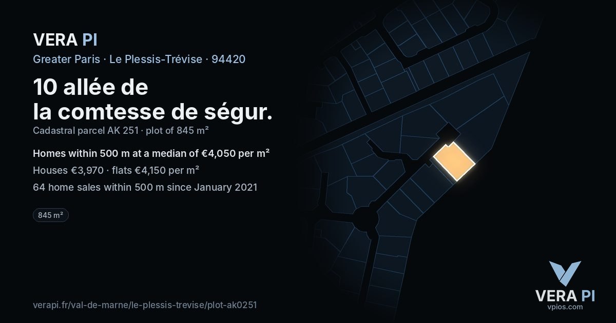 10 allée de la comtesse de ségur, Le Plessis-Trévise at night – the plot lit, the parcels around coloured by the prices near them