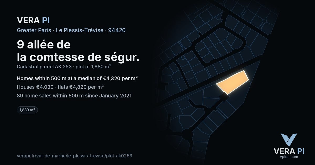 9 allée de la comtesse de ségur, Le Plessis-Trévise at night – the plot lit, the parcels around coloured by the prices near them