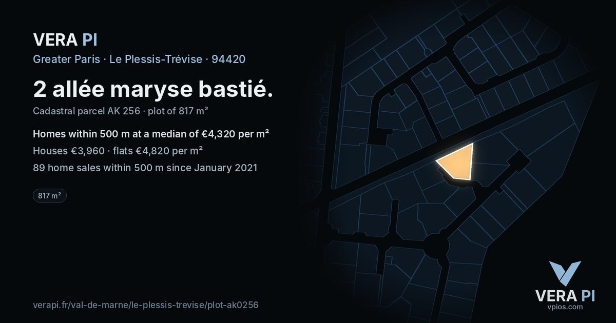 2 allée maryse bastié, Le Plessis-Trévise at night – the plot lit, the parcels around coloured by the prices near them