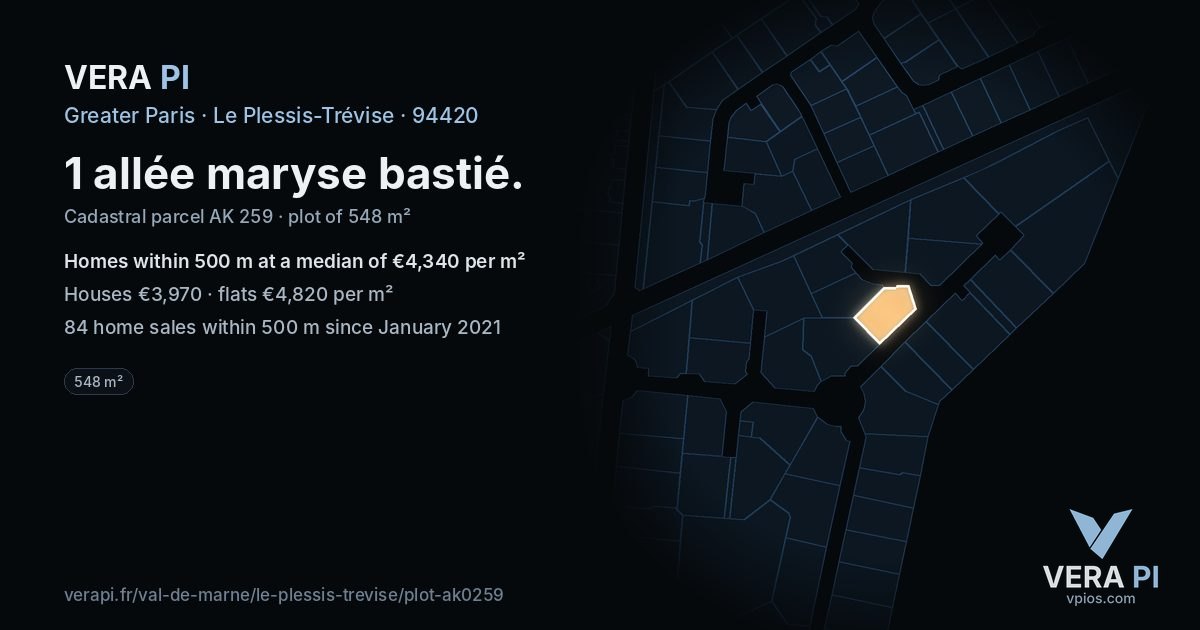 1 allée maryse bastié, Le Plessis-Trévise at night – the plot lit, the parcels around coloured by the prices near them