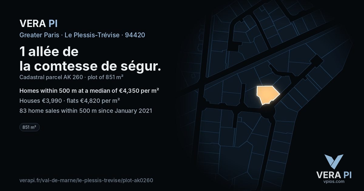 1 allée de la comtesse de ségur, Le Plessis-Trévise at night – the plot lit, the parcels around coloured by the prices near them