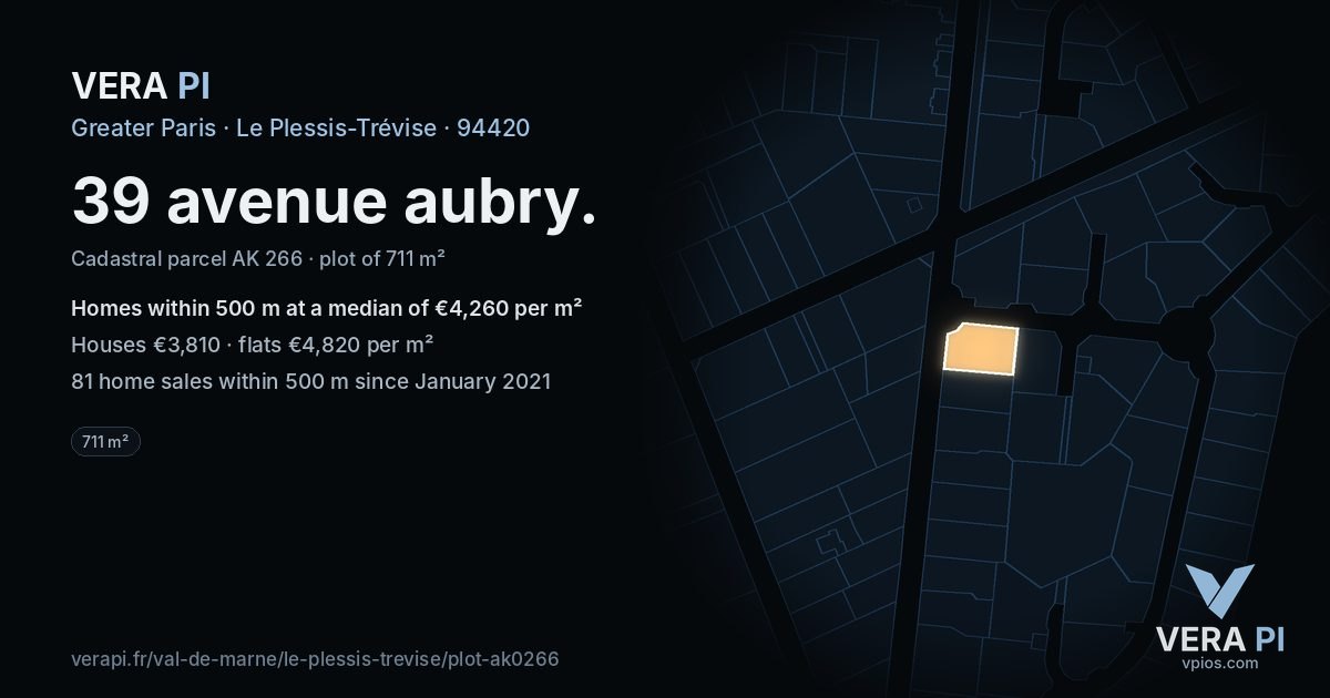 39 avenue aubry, Le Plessis-Trévise at night – the plot lit, the parcels around coloured by the prices near them