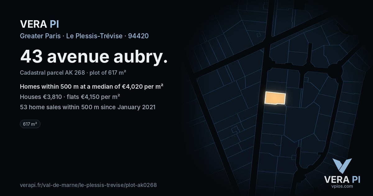 43 avenue aubry, Le Plessis-Trévise at night – the plot lit, the parcels around coloured by the prices near them
