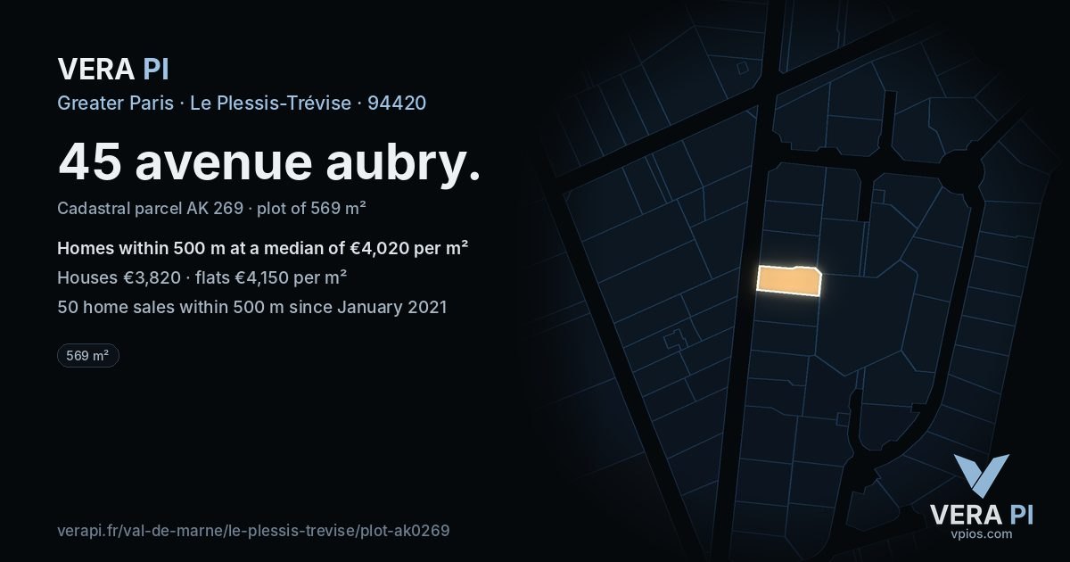 45 avenue aubry, Le Plessis-Trévise at night – the plot lit, the parcels around coloured by the prices near them