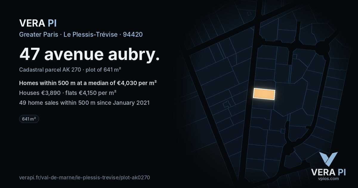 47 avenue aubry, Le Plessis-Trévise at night – the plot lit, the parcels around coloured by the prices near them