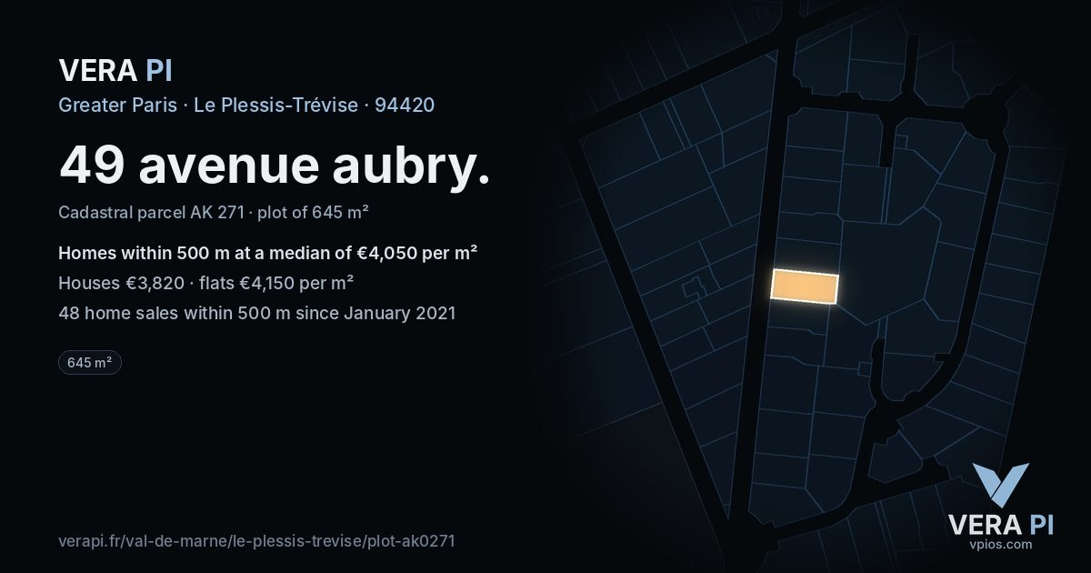 49 avenue aubry, Le Plessis-Trévise at night – the plot lit, the parcels around coloured by the prices near them