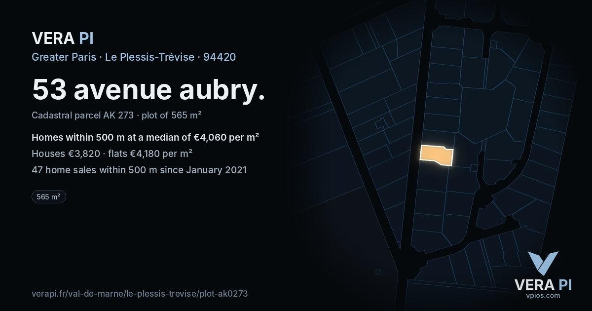 53 avenue aubry, Le Plessis-Trévise at night – the plot lit, the parcels around coloured by the prices near them