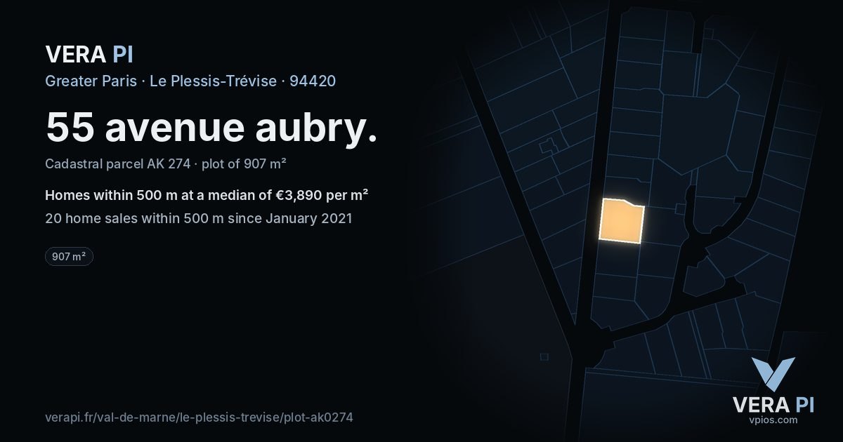 55 avenue aubry, Le Plessis-Trévise at night – the plot lit, the parcels around coloured by the prices near them