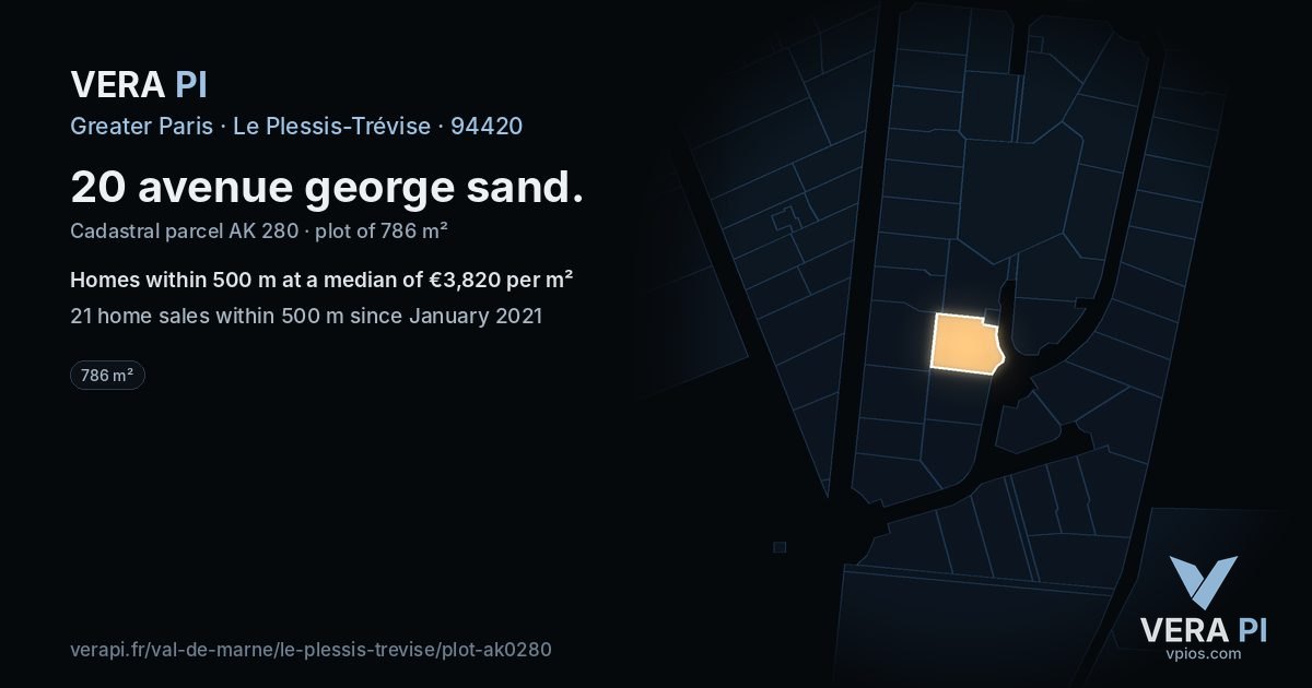 20 avenue george sand, Le Plessis-Trévise at night – the plot lit, the parcels around coloured by the prices near them