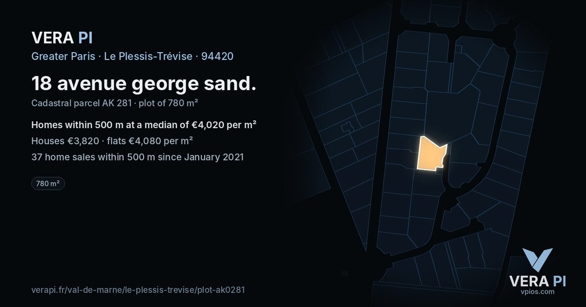 18 avenue george sand, Le Plessis-Trévise at night – the plot lit, the parcels around coloured by the prices near them
