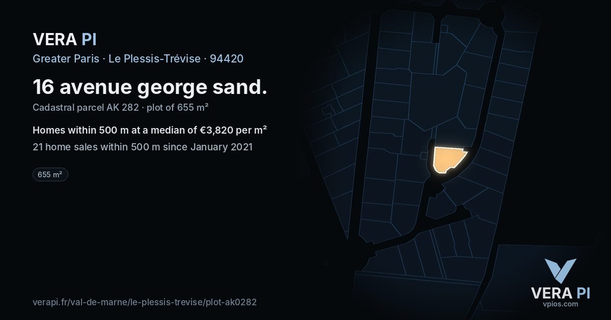 16 avenue george sand, Le Plessis-Trévise at night – the plot lit, the parcels around coloured by the prices near them