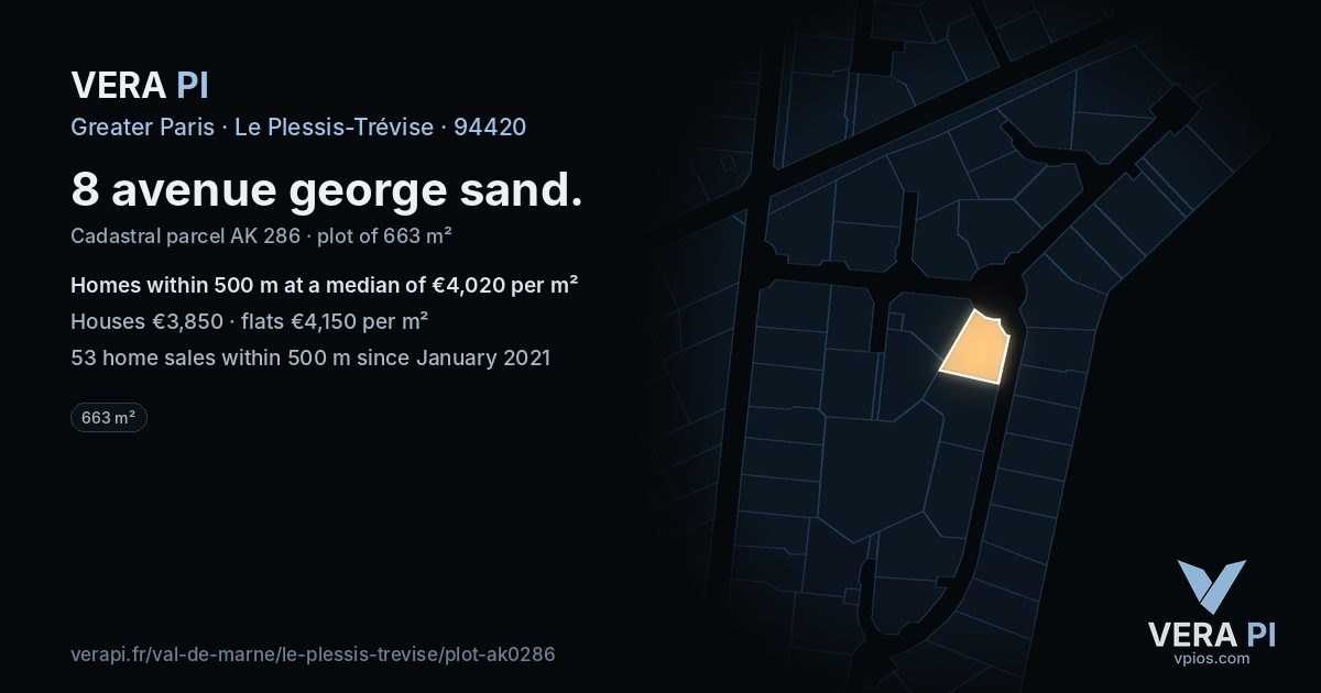 8 avenue george sand, Le Plessis-Trévise at night – the plot lit, the parcels around coloured by the prices near them