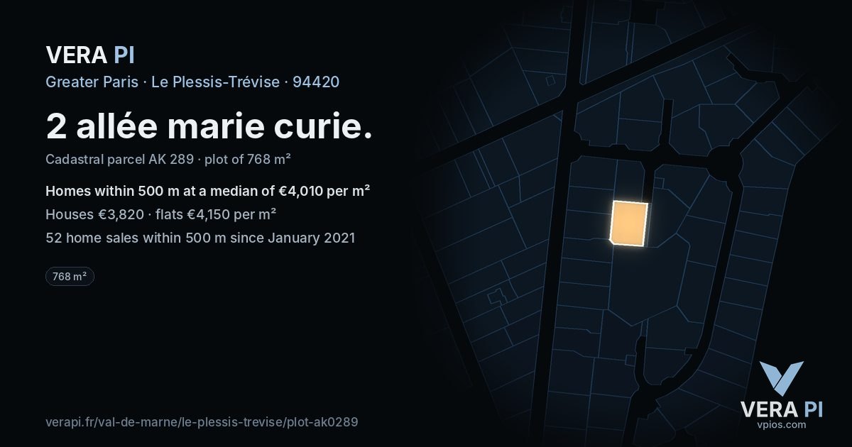 2 allée marie curie, Le Plessis-Trévise at night – the plot lit, the parcels around coloured by the prices near them