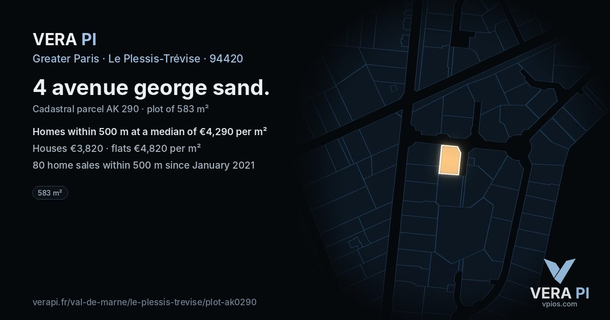 4 avenue george sand, Le Plessis-Trévise at night – the plot lit, the parcels around coloured by the prices near them