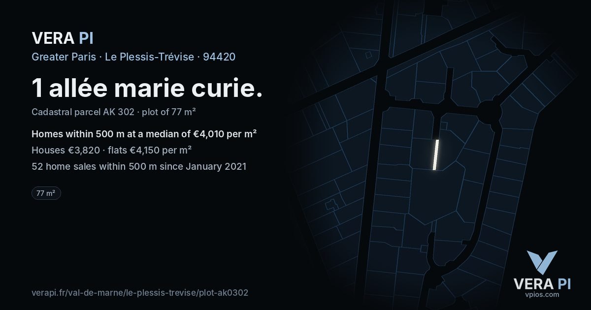 1 allée marie curie, Le Plessis-Trévise at night – the plot lit, the parcels around coloured by the prices near them