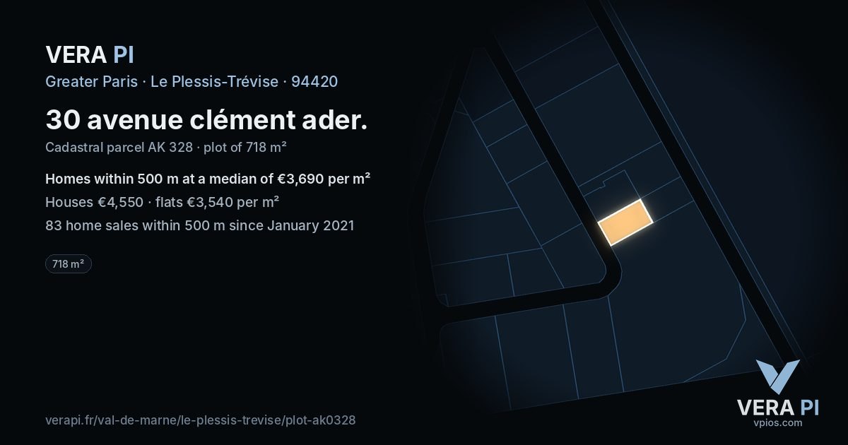 30 avenue clément ader, Le Plessis-Trévise at night – the plot lit, the parcels around coloured by the prices near them