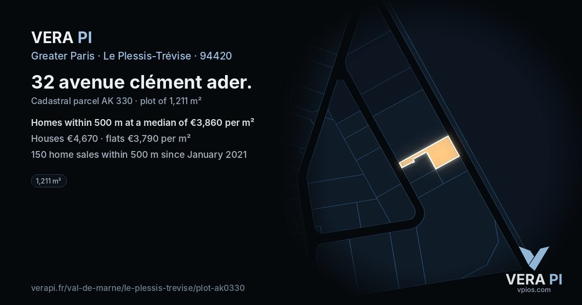 32 avenue clément ader, Le Plessis-Trévise at night – the plot lit, the parcels around coloured by the prices near them