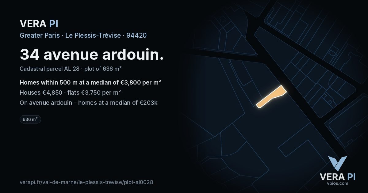 34 avenue ardouin, Le Plessis-Trévise at night – the plot lit, the parcels around coloured by the prices near them