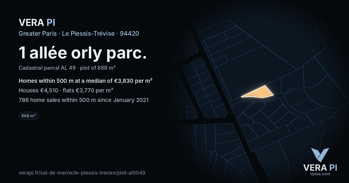 1 allée orly parc, Le Plessis-Trévise at night – the plot lit, the parcels around coloured by the prices near them