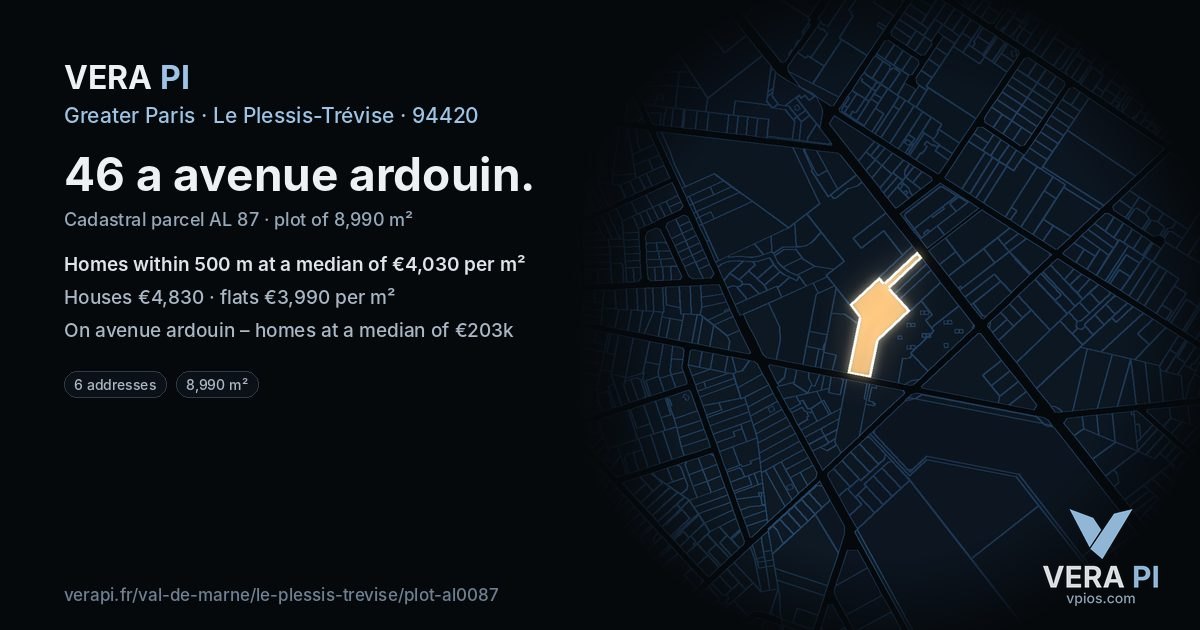 46 a avenue ardouin, Le Plessis-Trévise at night – the plot lit, the parcels around coloured by the prices near them