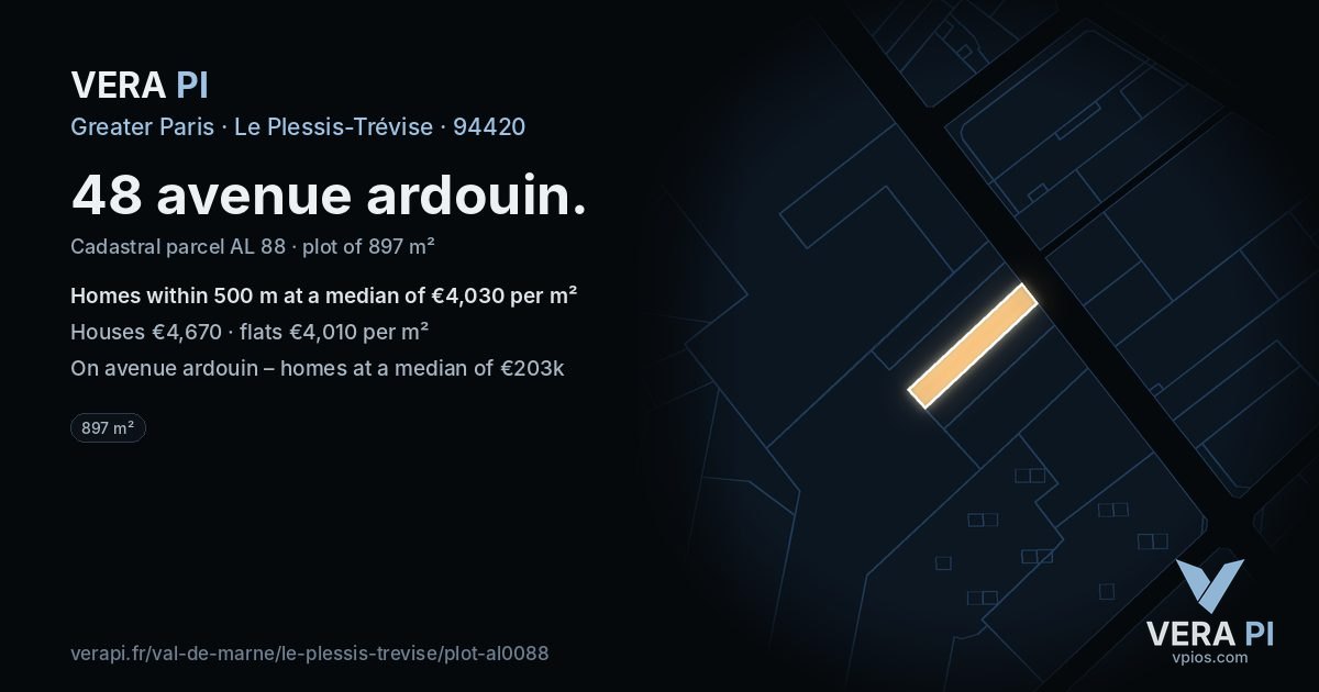 48 avenue ardouin, Le Plessis-Trévise at night – the plot lit, the parcels around coloured by the prices near them