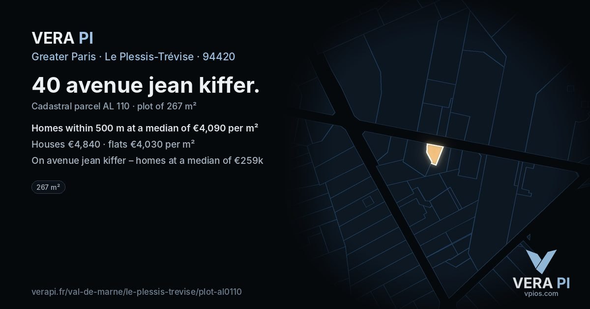 40 avenue jean kiffer, Le Plessis-Trévise at night – the plot lit, the parcels around coloured by the prices near them
