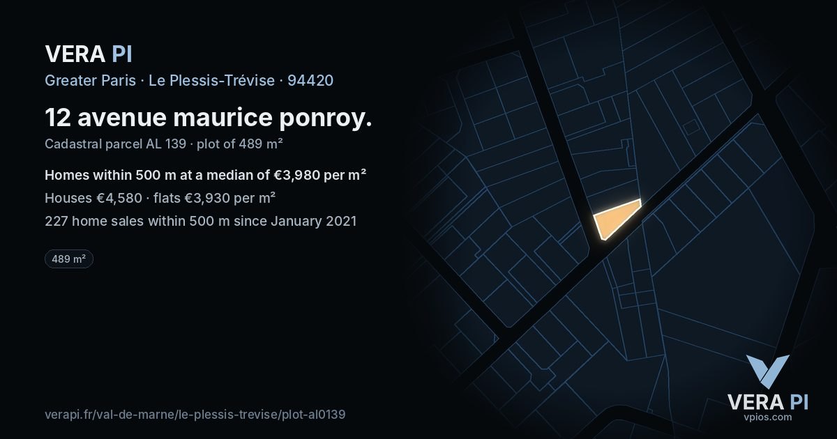12 avenue maurice ponroy, Le Plessis-Trévise at night – the plot lit, the parcels around coloured by the prices near them
