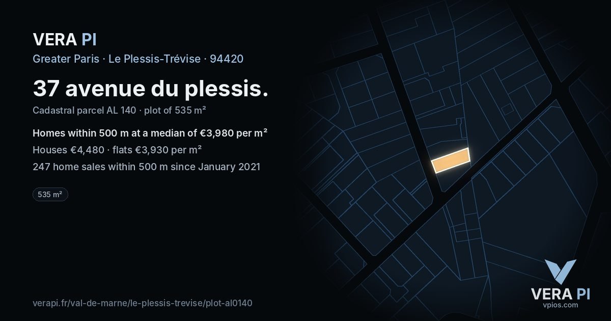 37 avenue du plessis, Le Plessis-Trévise at night – the plot lit, the parcels around coloured by the prices near them