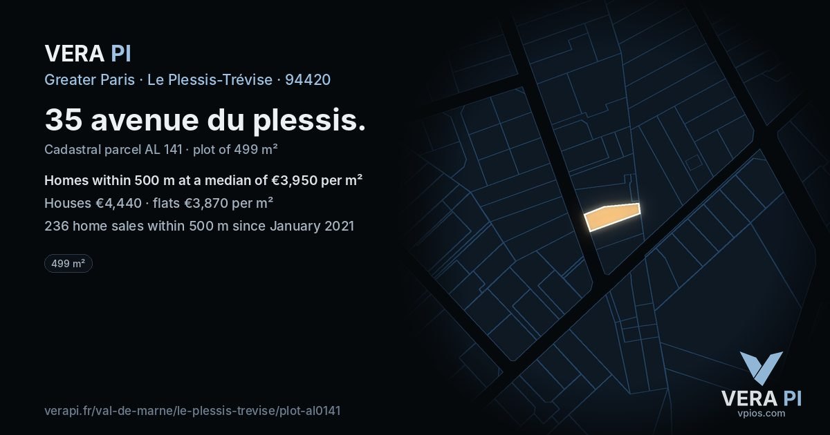 35 avenue du plessis, Le Plessis-Trévise at night – the plot lit, the parcels around coloured by the prices near them