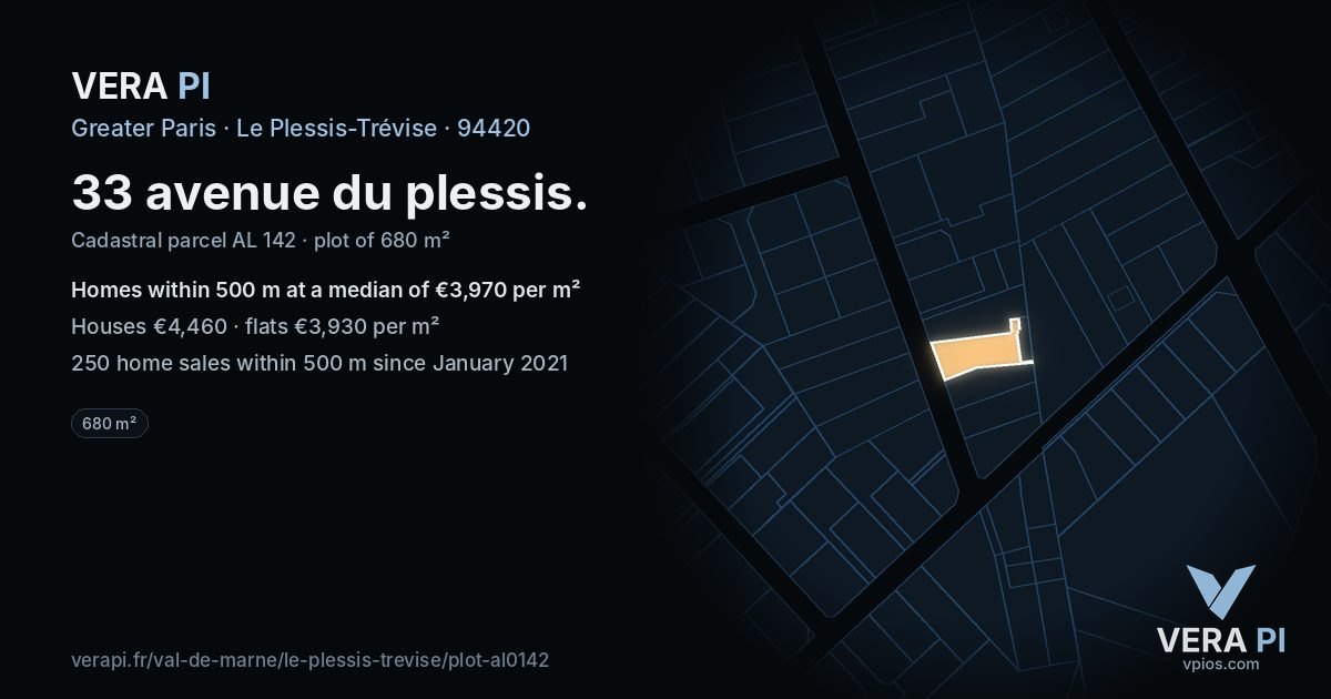 33 avenue du plessis, Le Plessis-Trévise at night – the plot lit, the parcels around coloured by the prices near them