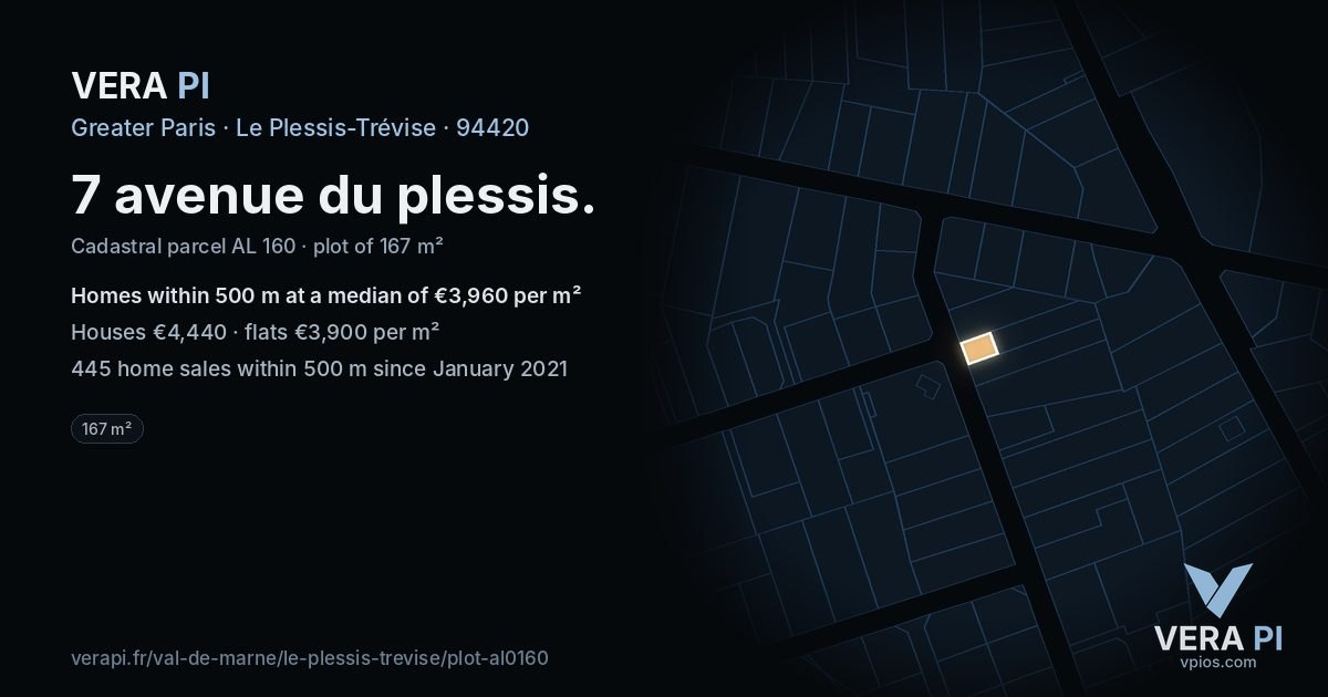 7 avenue du plessis, Le Plessis-Trévise at night – the plot lit, the parcels around coloured by the prices near them