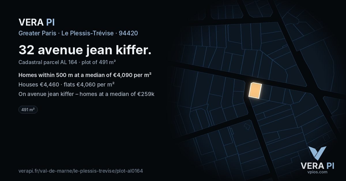 32 avenue jean kiffer, Le Plessis-Trévise at night – the plot lit, the parcels around coloured by the prices near them