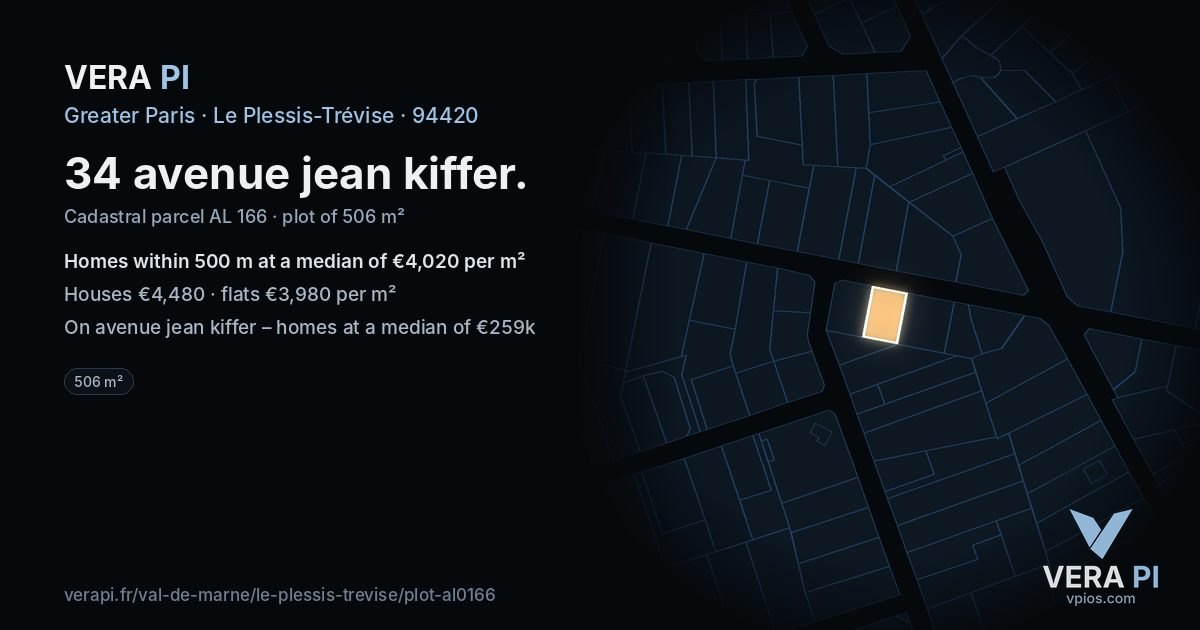 34 avenue jean kiffer, Le Plessis-Trévise at night – the plot lit, the parcels around coloured by the prices near them