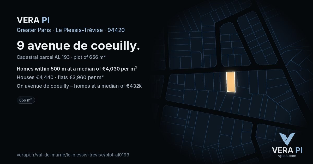 9 avenue de coeuilly, Le Plessis-Trévise at night – the plot lit, the parcels around coloured by the prices near them