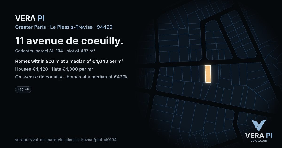 11 avenue de coeuilly, Le Plessis-Trévise at night – the plot lit, the parcels around coloured by the prices near them