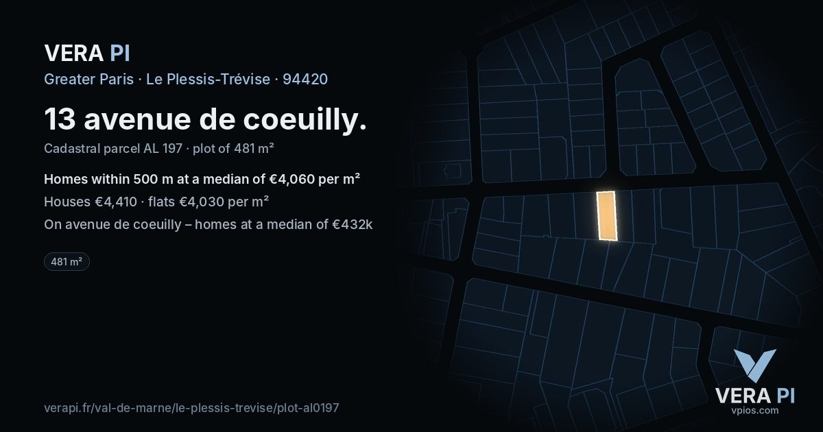 13 avenue de coeuilly, Le Plessis-Trévise at night – the plot lit, the parcels around coloured by the prices near them