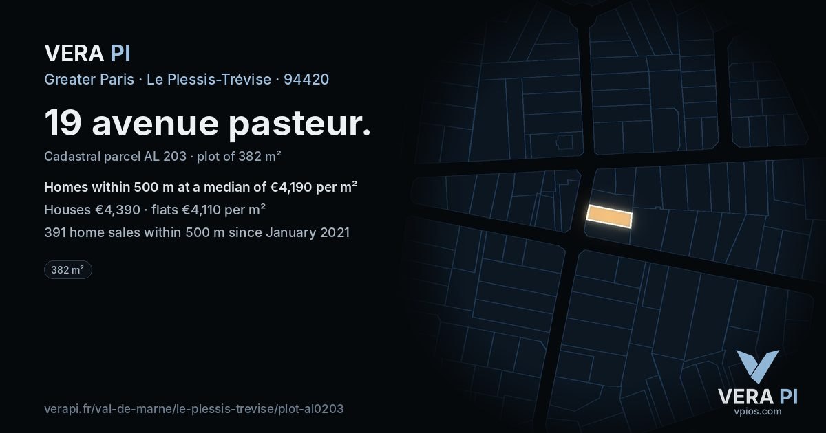 19 avenue pasteur, Le Plessis-Trévise at night – the plot lit, the parcels around coloured by the prices near them